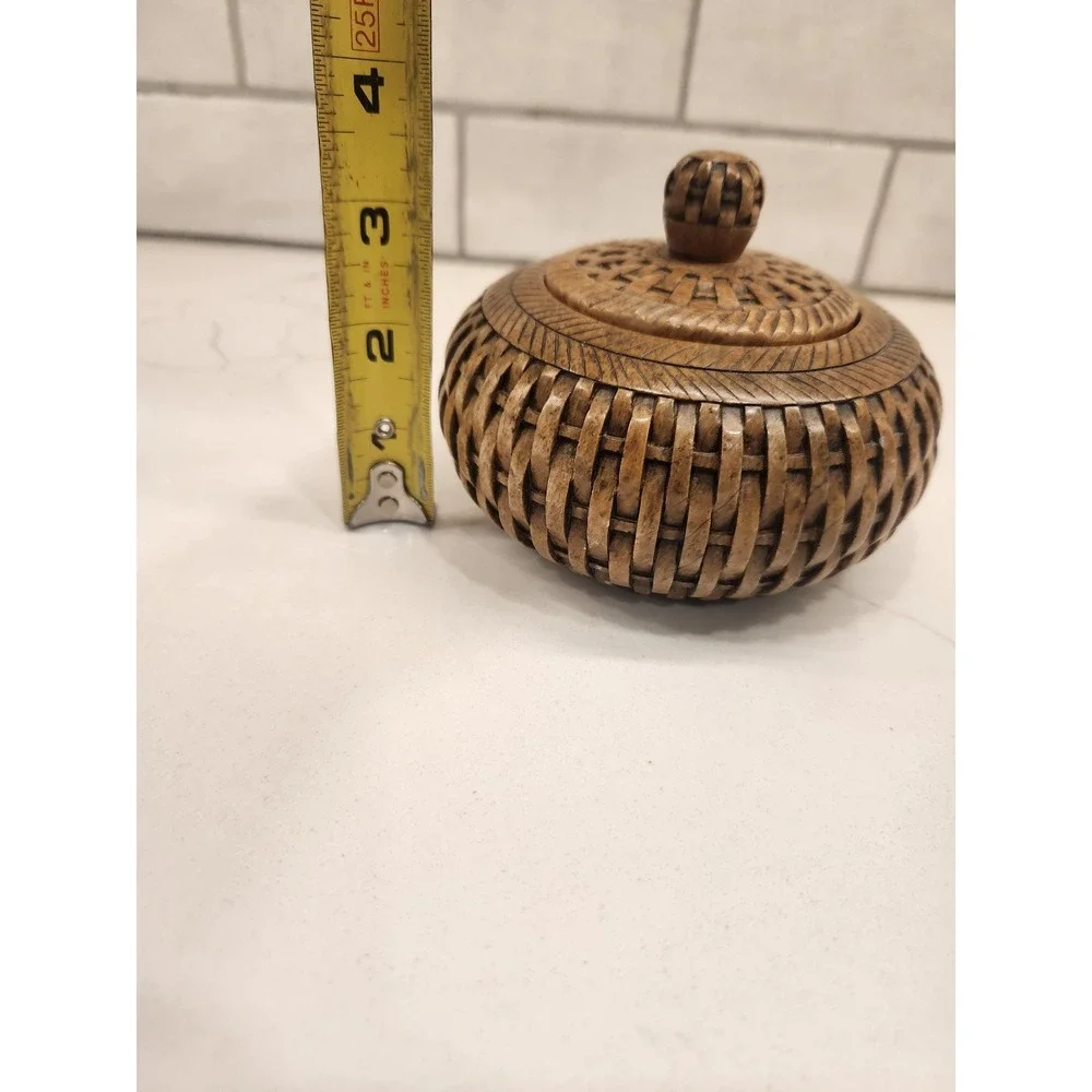 Vertical Wicker Weave Brown Soapstone Jar Trinket Decor Box with Lid‎ Heavy